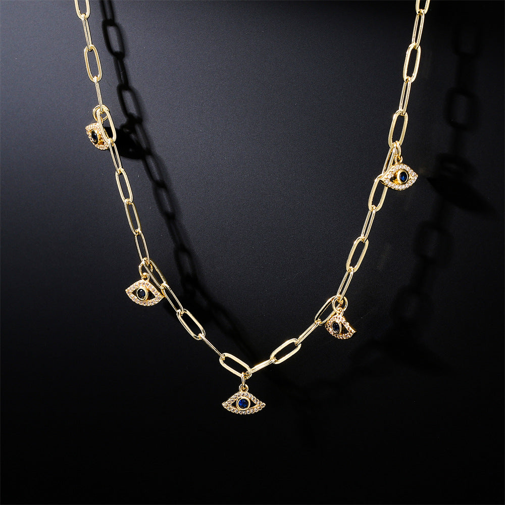 Geometric Gold Plated Brass Evil Eye Pendant Necklace for Women