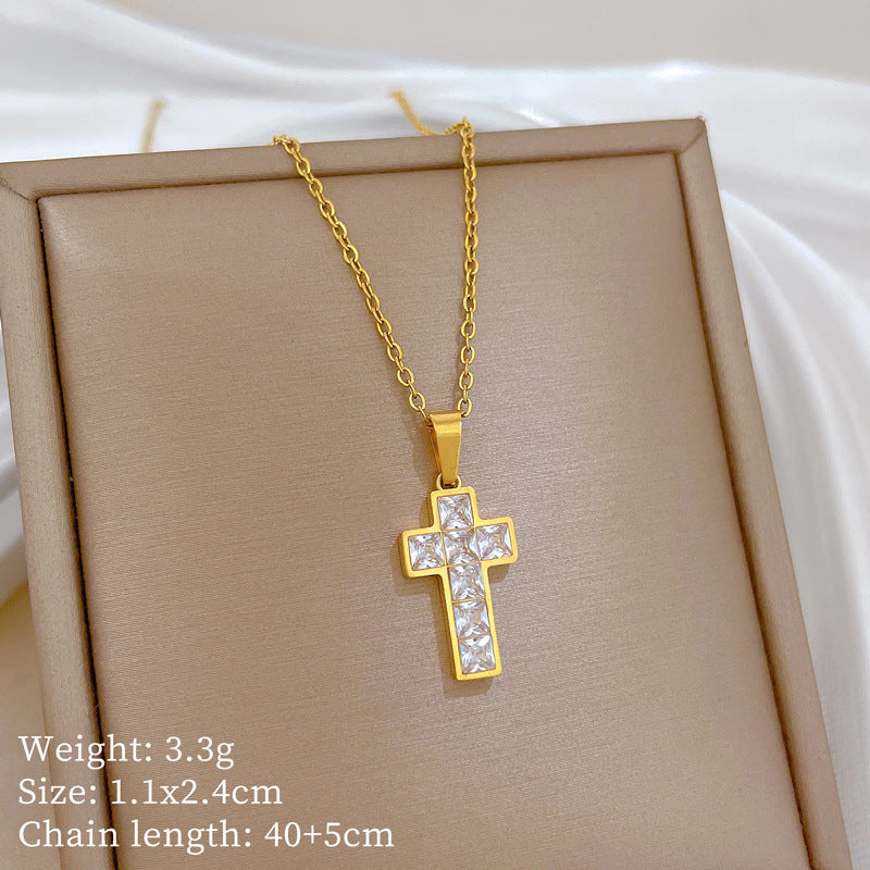 Sweet Cubic Zirconia Cross Plated Titanium Steel Necklace Curb Chain Unisex