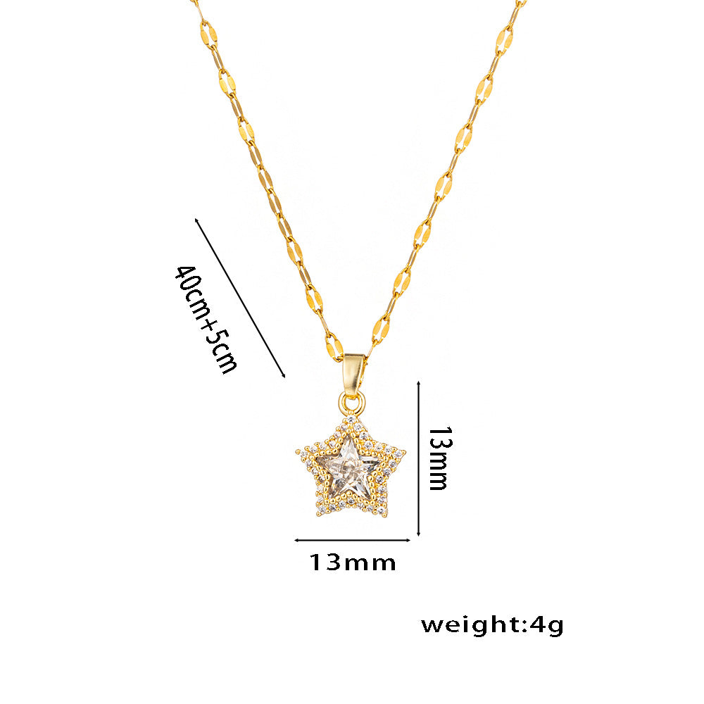 Elegant Minimalist Five-Pointed Star Titanium Steel Necklace for Women with Micro-Paved Zirconia, Water Wave Chain, Hypoallergenic Plated Finish
