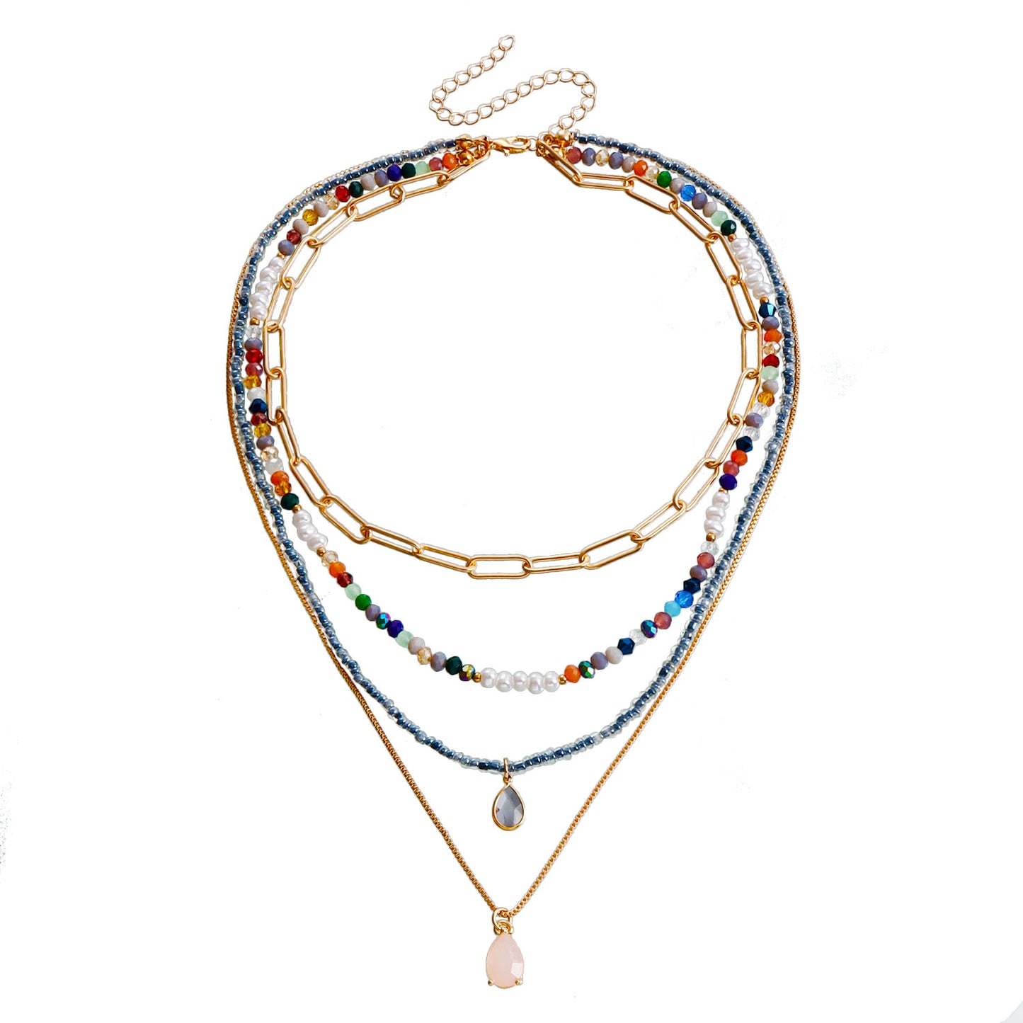 Bohemian Multi-Layer Beaded Necklace with Geometric Shape Alloy Pendant, Electroplated Finish, Fashionable Clavicle Chain for Women
