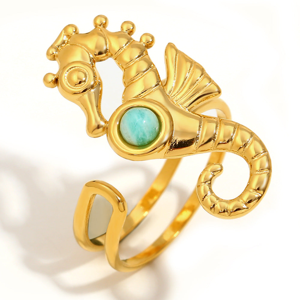 Fashionable Unisex Seahorse-Shaped Stainless Steel Ring with 18K Gold Plating and Ruby Accent