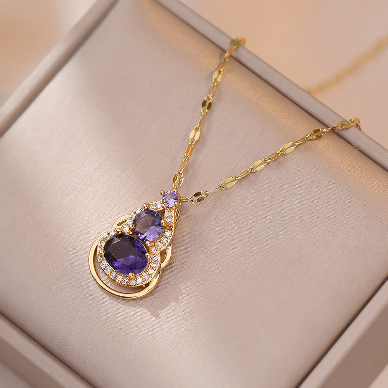 Minimalist Pink Crystal Gourd Pendant Necklace in Titanium Steel with Gold Plating on O-Chain for Women and Unisex Wear