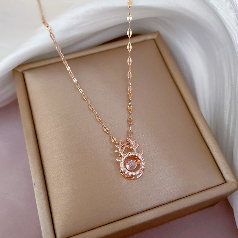 Minimalist Geometric Titanium Steel Necklace with Gold Plated Brass Pendant and Rhinestone Inlay