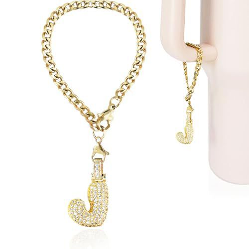 Cubic Zirconia Inlaid Brass Letter Charm Bar with Plated Finish