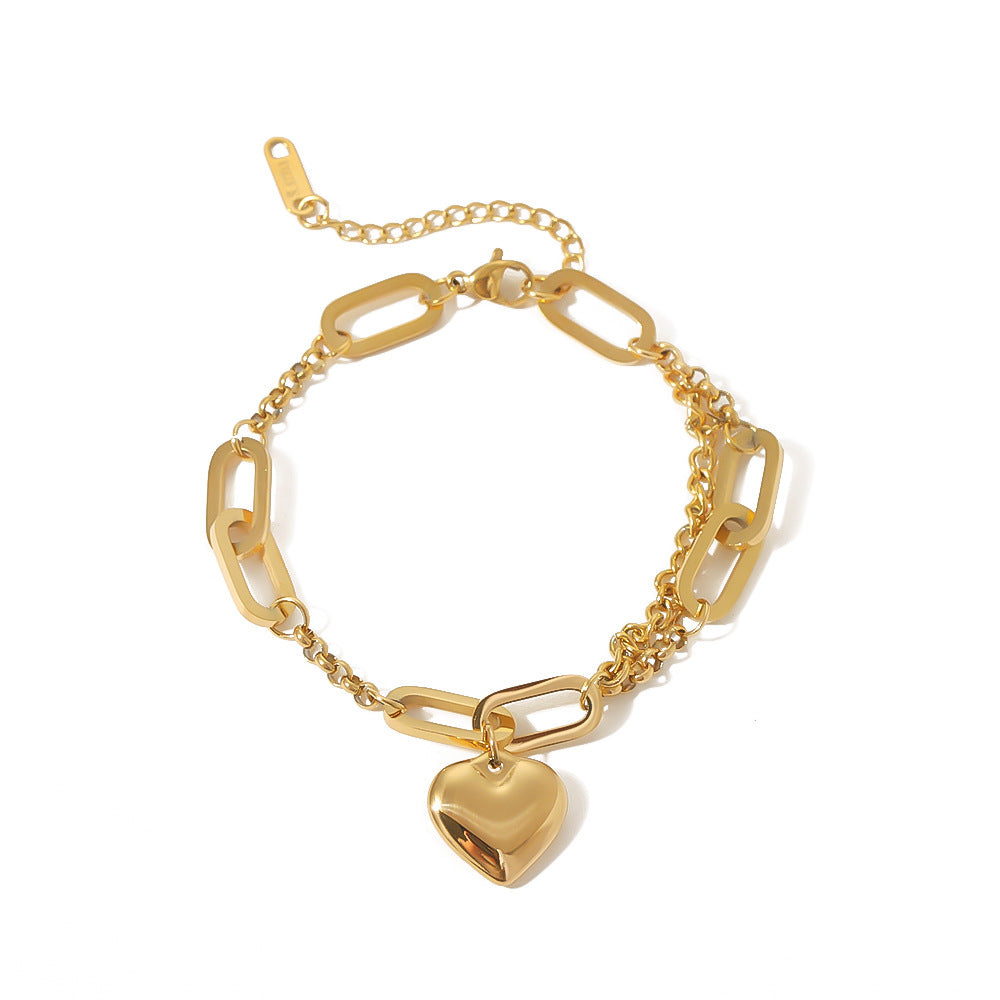 Minimalist Heart-Shaped Stainless Steel Bracelet with 18K Gold Plating for Women