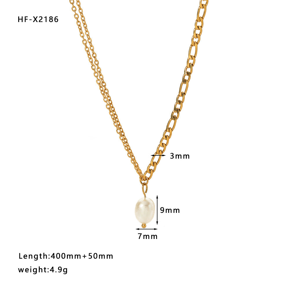 Minimalist Geometric Double-Layer Snake Chain Necklace with Freshwater Pearl Pendant in Titanium Steel Plated with 18K Gold for Women