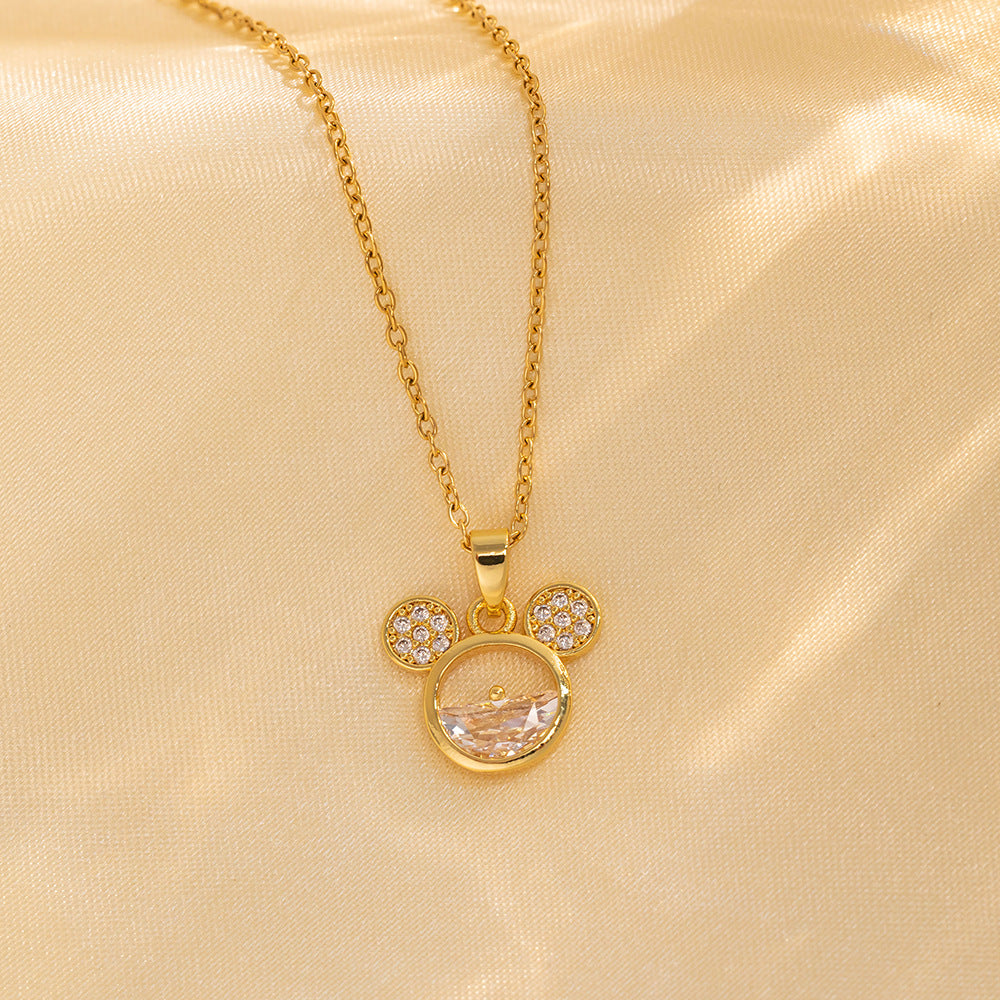 Collana con ciondolo in strass di Topolino stile cartone animato carino da donna in acciaio al titanio con finitura galvanizzata, catenina a maglia O, gioiello di moda stile medaglione