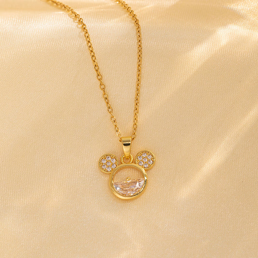 Collana con ciondolo in strass di Topolino stile cartone animato carino da donna in acciaio al titanio con finitura galvanizzata, catenina a maglia O, gioiello di moda stile medaglione