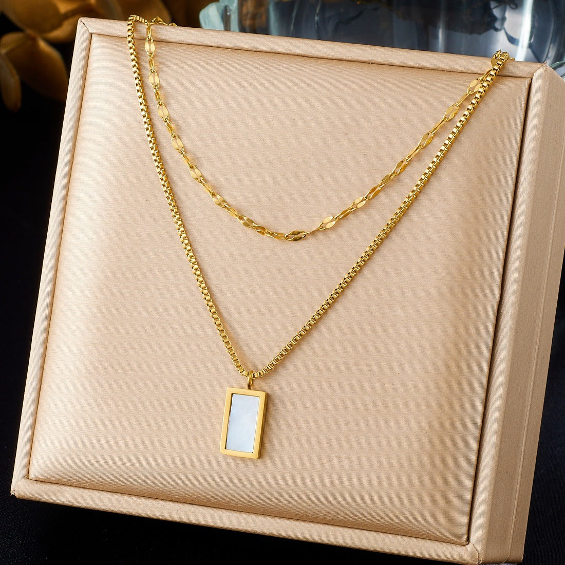 Minimalist Elegant Gold Plated Stainless Steel Double Layer Square Pendant Necklace for Women