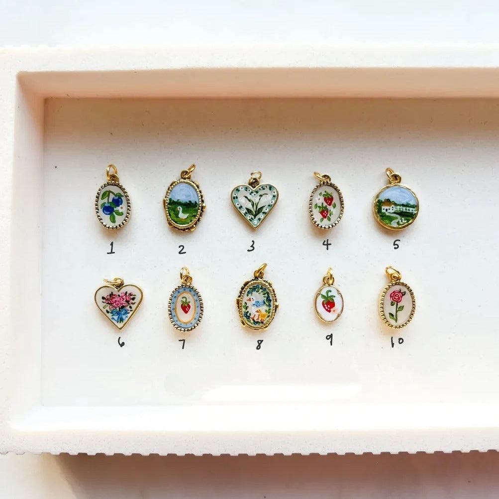 Minimalist Luxury Heart Shaped 18K Gold Plated Brass Pendant with Fruit and Floral Motifs
