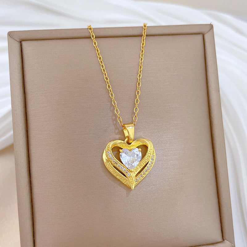 Sweet Minimalist Hollow Double-Layer Heart Rhinestone Titanium Steel Necklace for Women and Men