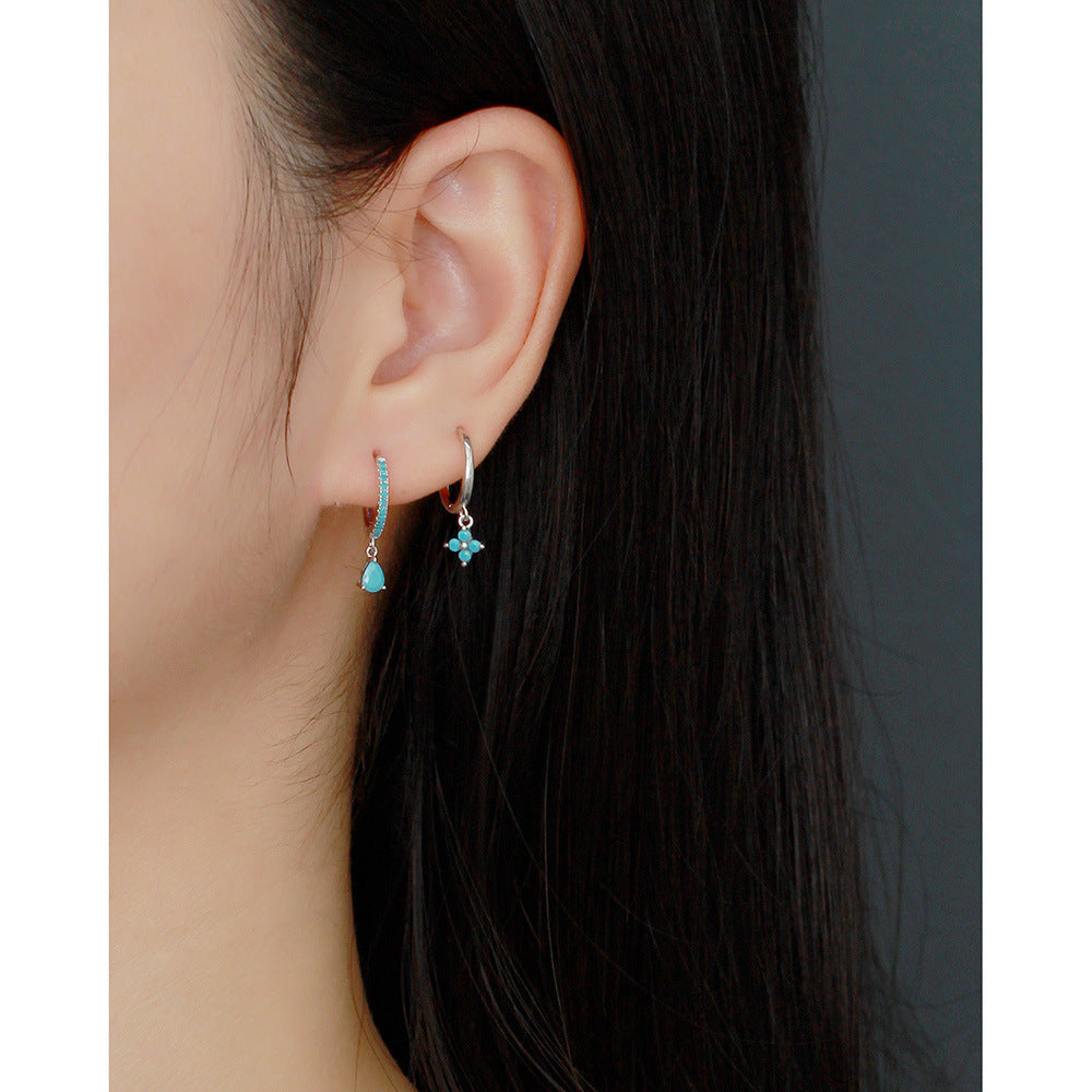 Aretes de aro de lujo para mujer de plata de ley 925, con diseño geométrico floral de mariposa en forma de lágrima y turquesa azul