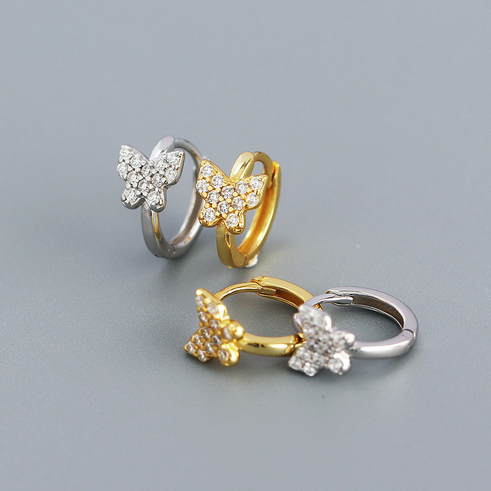 Sweet Minimalist Butterfly-Shaped S925 Sterling Silver Stud Earrings with Rhinestone Inlay
