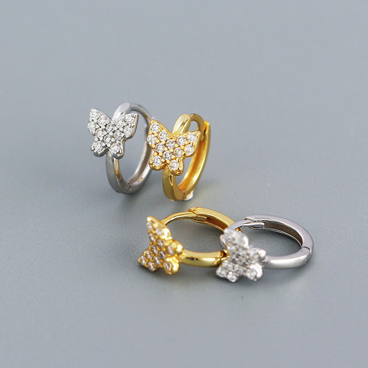 Pendientes de tuerca minimalistas en forma de mariposa de plata esterlina S925 con incrustaciones de diamantes de imitación