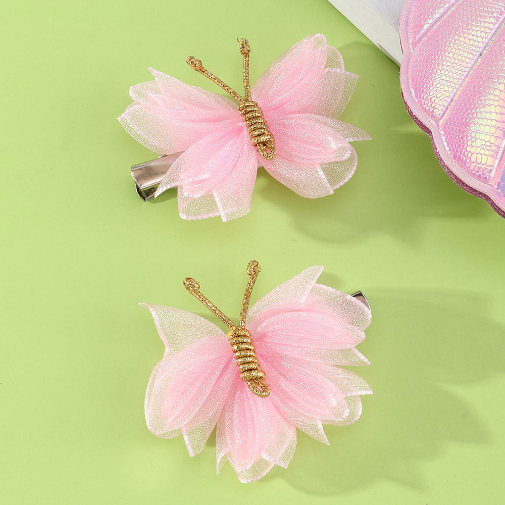 Cartoon Butterfly Hair Clip for Kids Handwoven Mesh Fabric Hairpin with Rainbow Accents