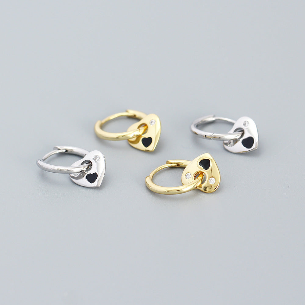 Minimalist Heart-Shaped 925 Sterling Silver Rhinestone Stud Earrings with Enamel Finish