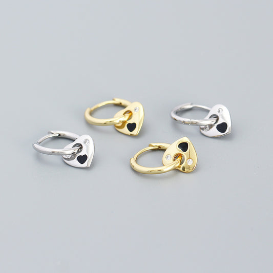 Pendientes de botón minimalistas con forma de corazón, de plata de ley 925, con diamantes de imitación y acabado esmaltado