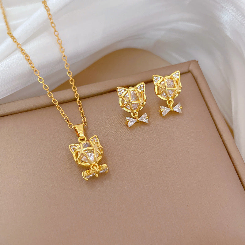 Sweet Elegant Geometric Rhinestone Plated Titanium Steel Necklace and Earring Set for Women