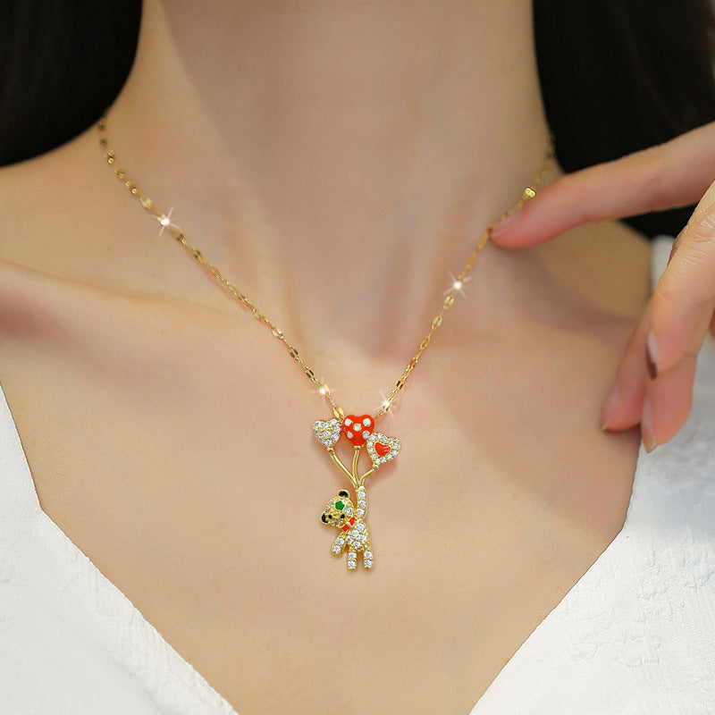 Luxury Titanium Steel Geometric Bear Pendant Necklace for Women with Rhinestone Inlay and Delicate Clavicle Chain