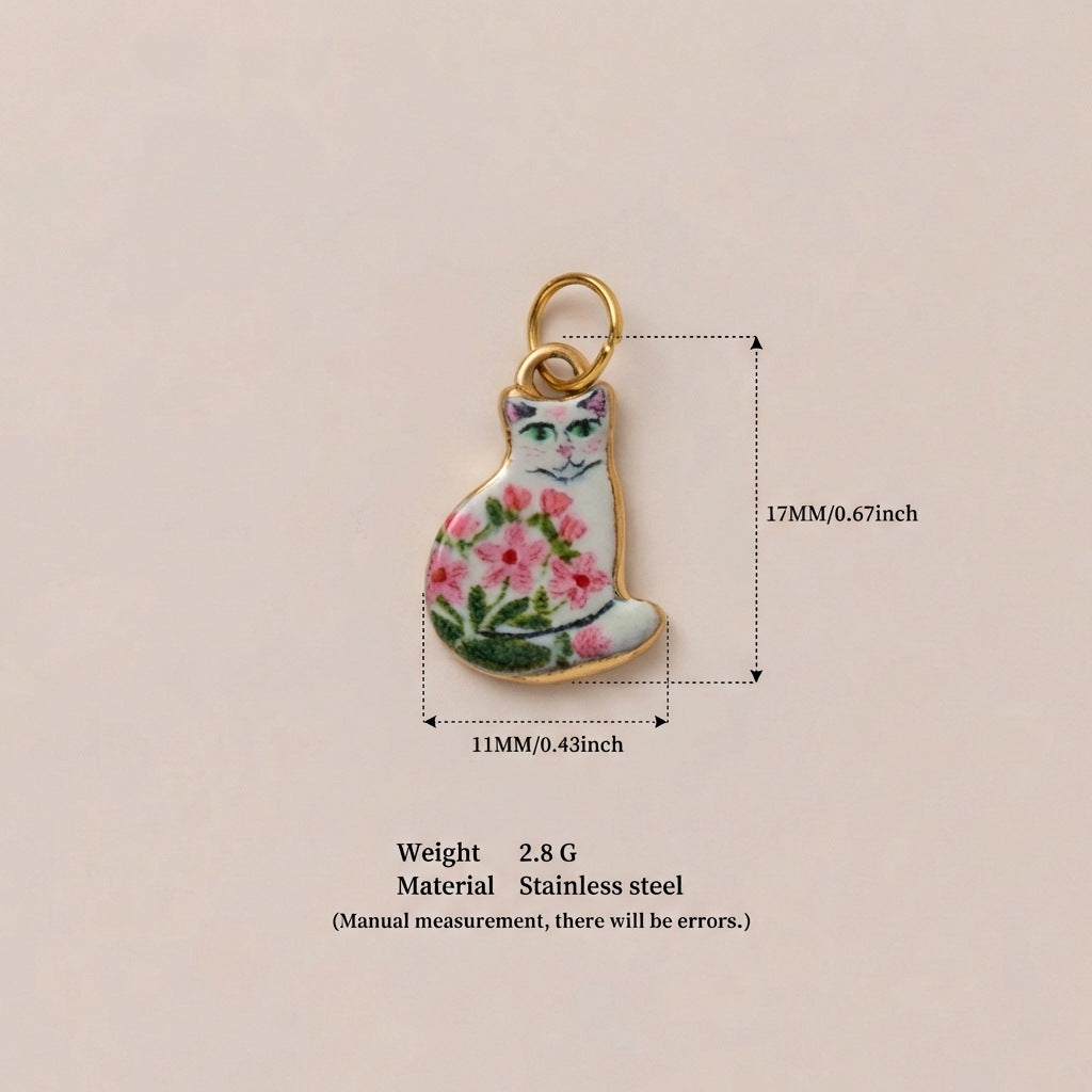 Cute Cat Ceramic Drip Oil Plated Stainless Steel Charm Bar Pendant