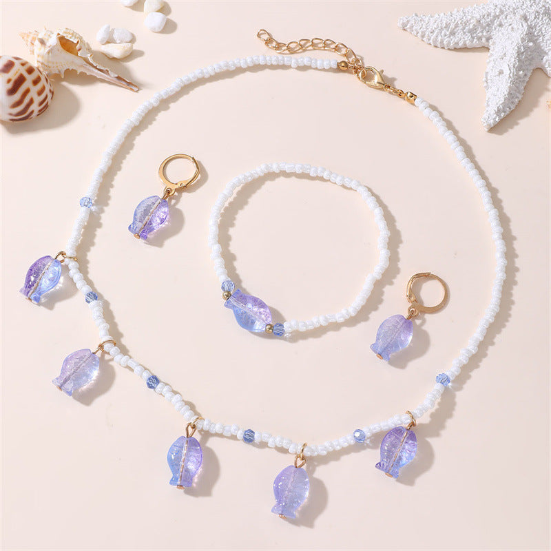 Set Collana con Fiocco Minimalista Blu Perla per Bambini con Bracciale Abbinato, Orecchini a Clip e Anello in Resina