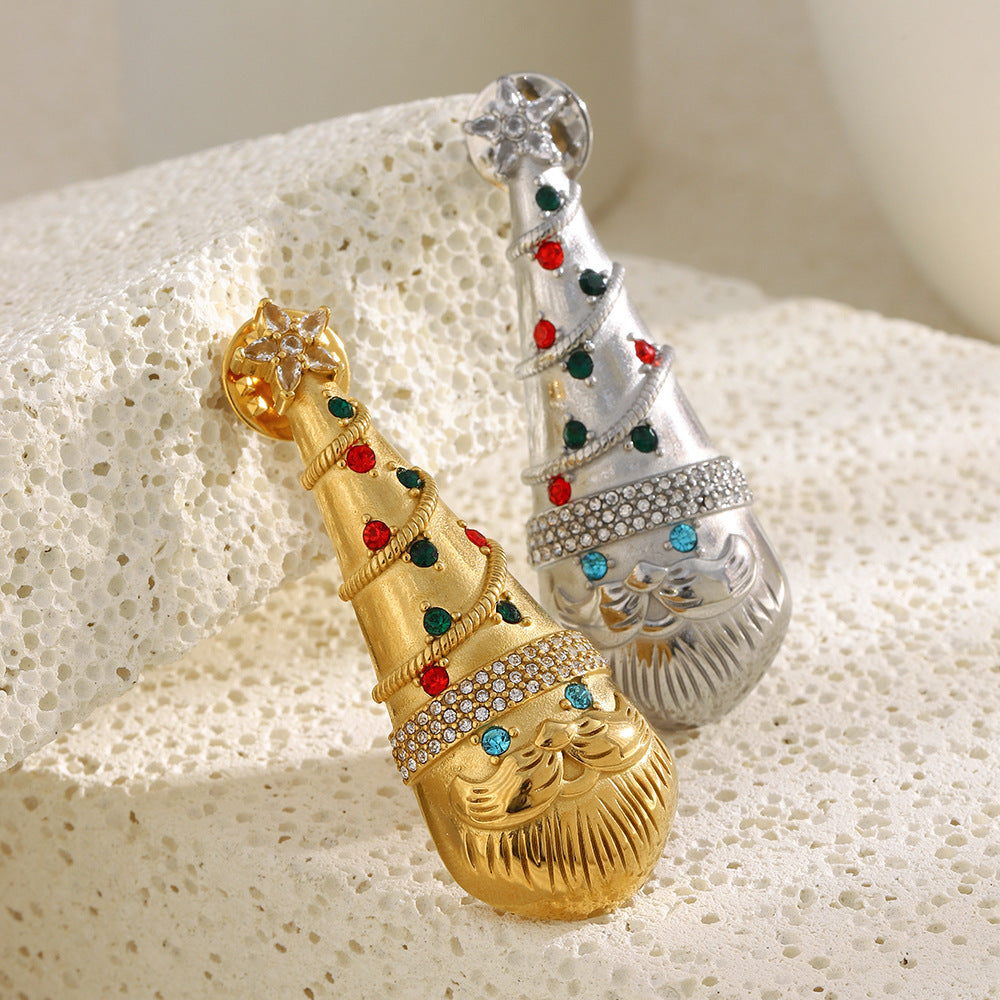 Luxury Minimalist Geometric Christmas Hat Brooch Stainless Steel 18K Gold Plated Colorful Rhinestone Fashion Pin for Women