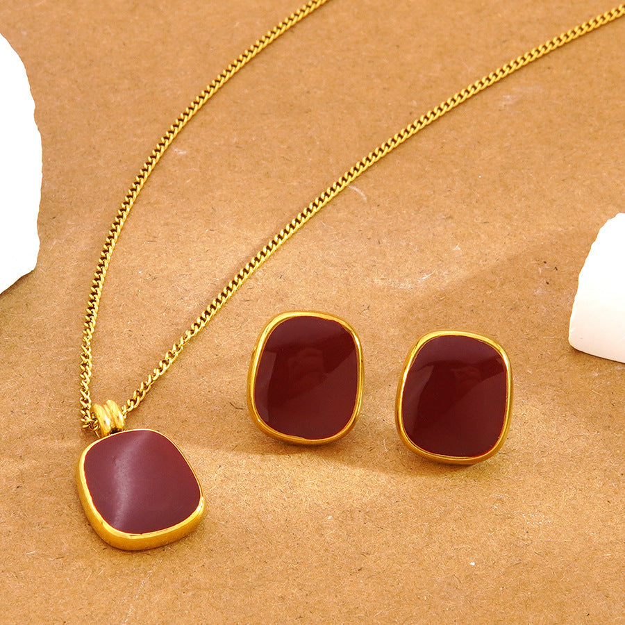 Sweet Minimalist 18K Gold Plated Square Drip Oil Stainless Steel Necklace and Earring Set for Women