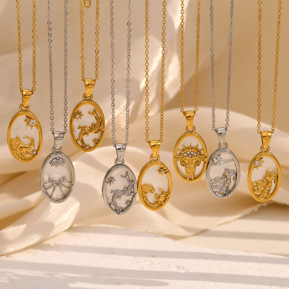 Geometric Zodiac Pendant Necklace for Women Stainless Steel with 18K Gold Plating and Rhinestone Accents