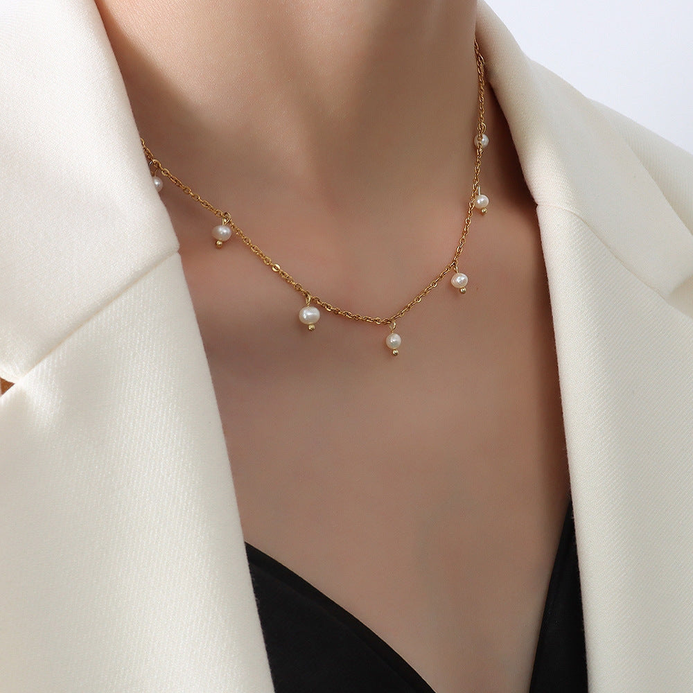 Elegant French-Inspired Pearl Fringe Necklace for Women with Stainless Steel Chain and 18K Gold Plating in Geometric Design