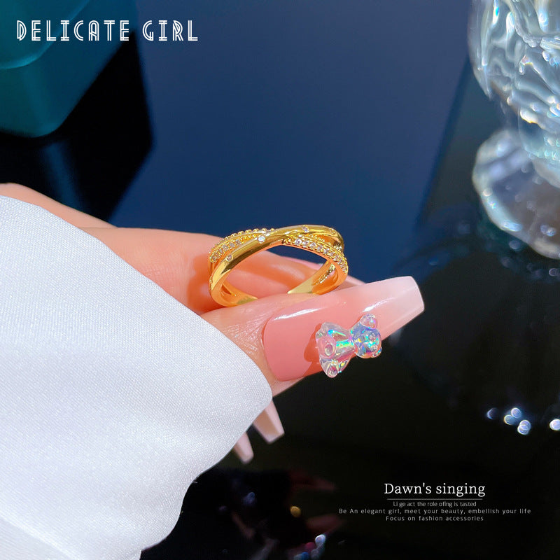 Minimalist Cold-Weather Style Crown-Shaped Brass Ring with Zircon Inlay for Women