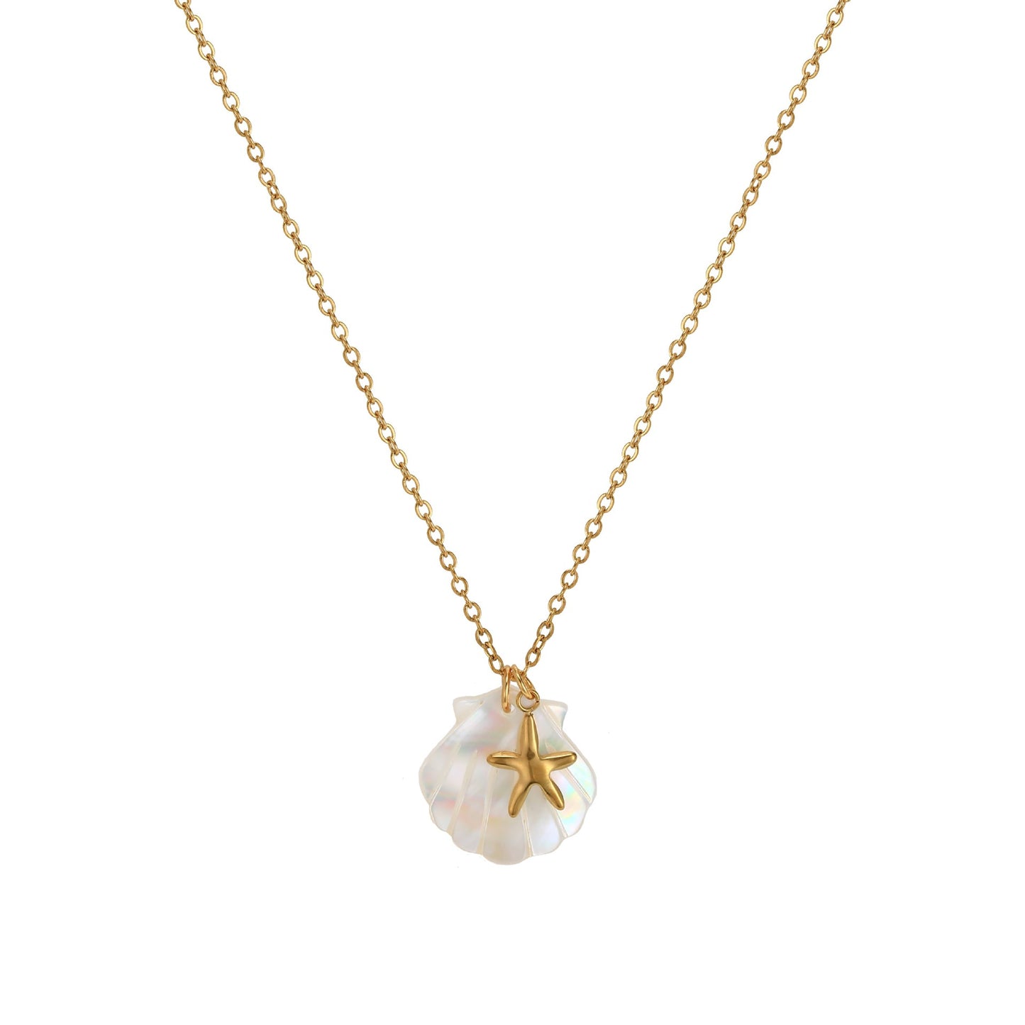 18K Gold Plated Stainless Steel Starfish Conch Shell Charm Bar Necklace Cable Chain Unisex Summer Beach Jewelry
