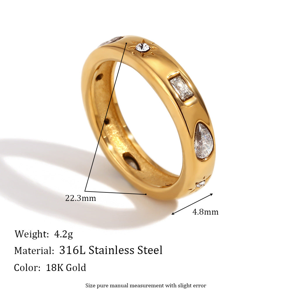 Anillo de Acero Inoxidable Minimalista Bañado en Oro de 18K con Estrella, Gota de Agua, Geométrico de Zirconia y Diamante Blanco para Mujer