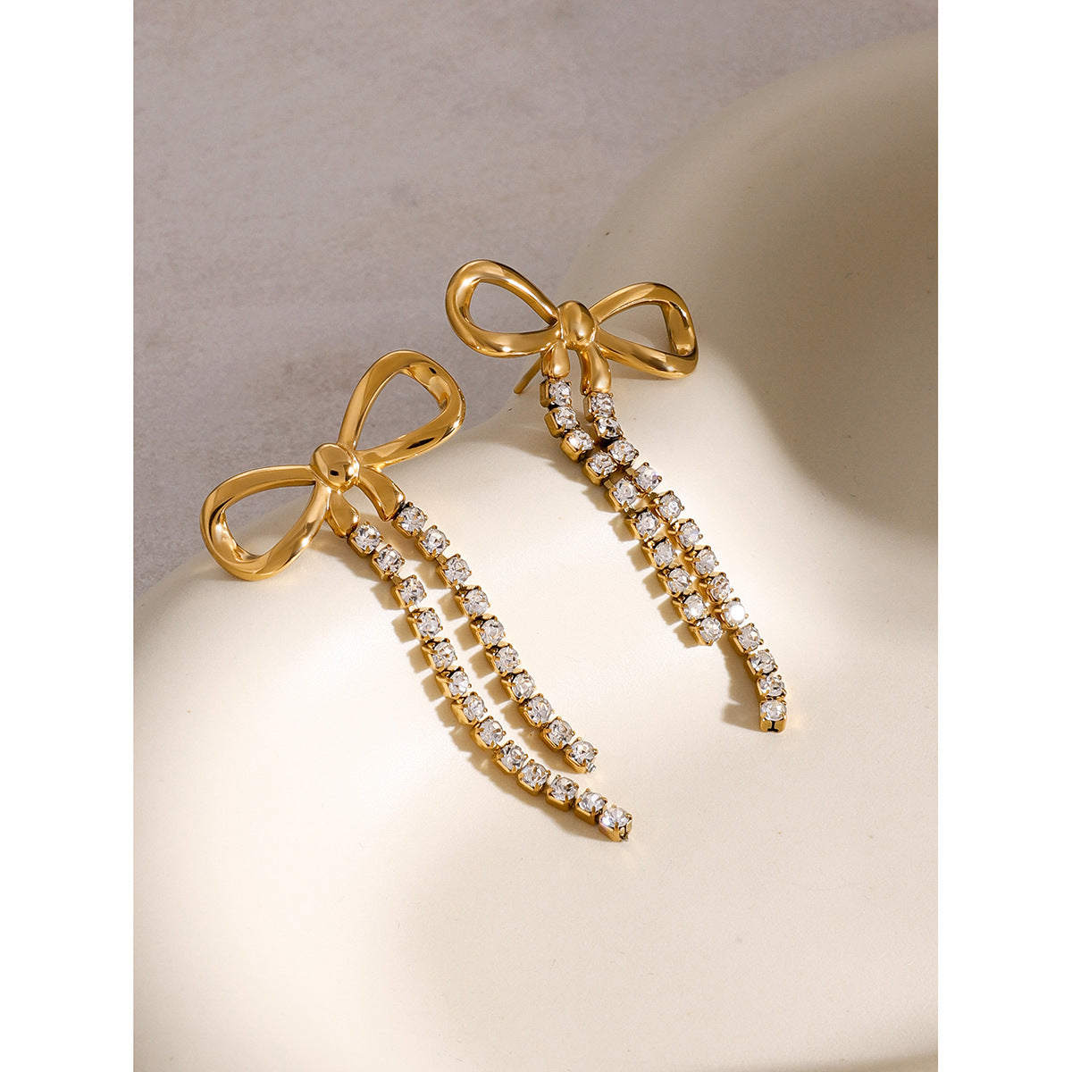 Minimalist 18K Gold Plated Stainless Steel Bow Rhinestone Chain Earrings for Women