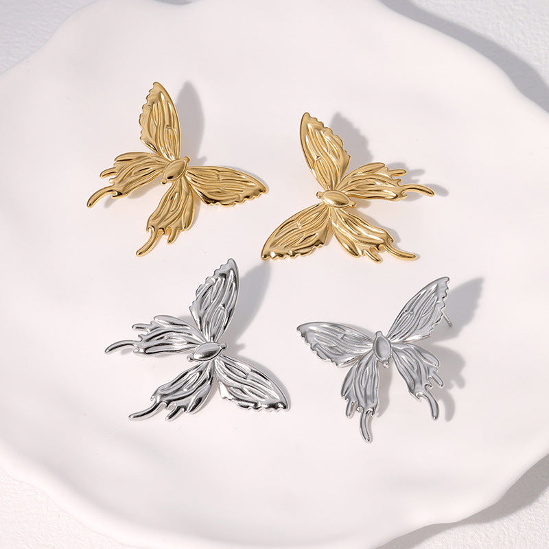 Minimalist Butterfly Stud Earrings in Stainless Steel with Plated Finish for Women
