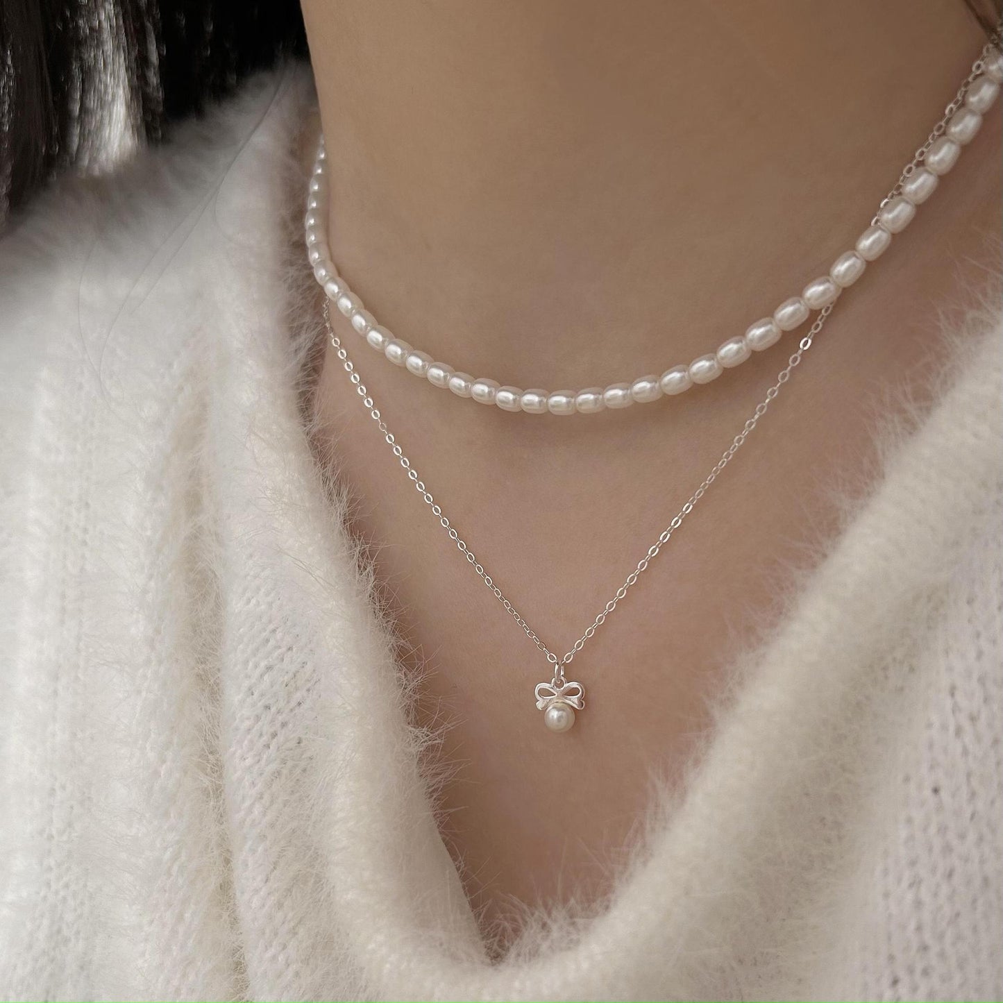 Minimalist Bow Knot Pendant Necklace in 925 Sterling Silver with Pearl Accents on Snake Chain