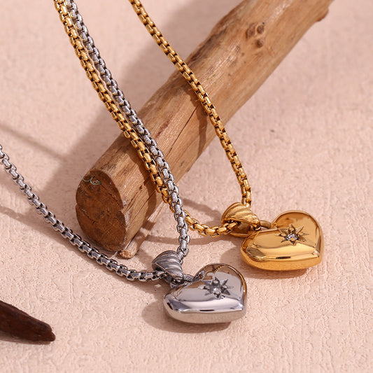 Vintage-Inspired Heart-Shaped Titanium Steel Pendant Necklace with 18K Gold Plating and Cubic Zirconia Accents for Women