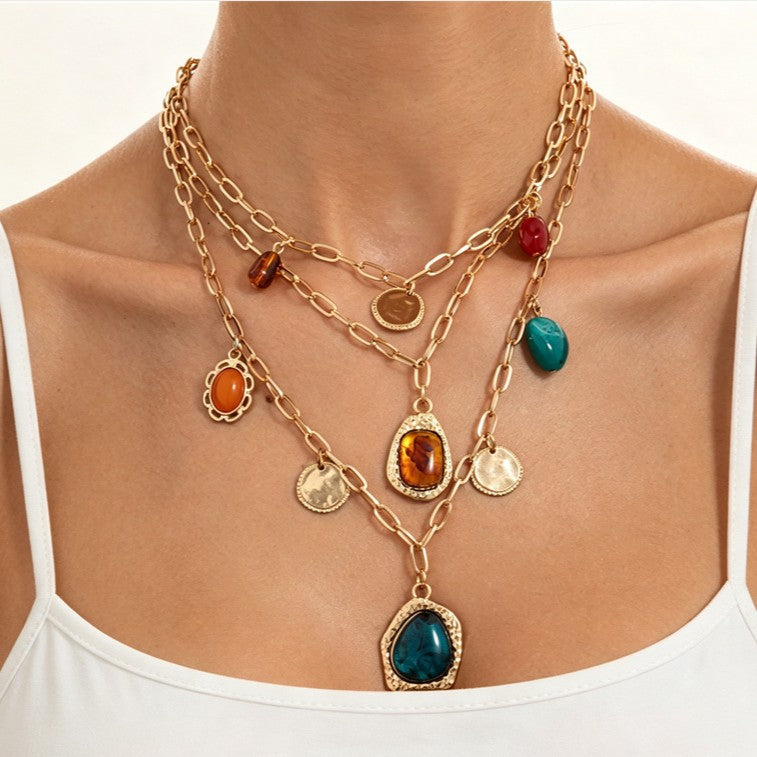 Ins Style Geometric Oval Multi-color Gradient Resin Gemstone Zinc Alloy Pendant Plated Iron Necklace for Women