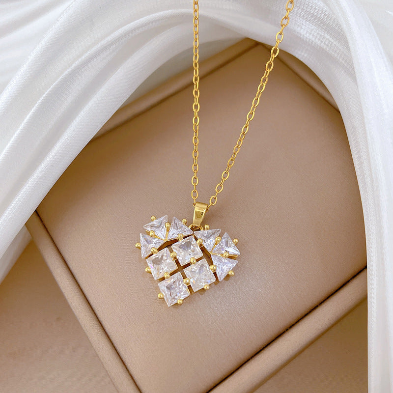 Sweet Minimalist Heart Geometric Rhinestone Titanium Steel Necklace Unisex Cable Chain