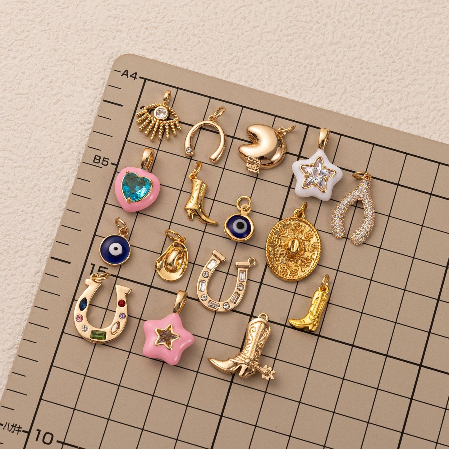 Vintage 14K Gold Plated Brass Heart Star Charm Bar with Ball Chain