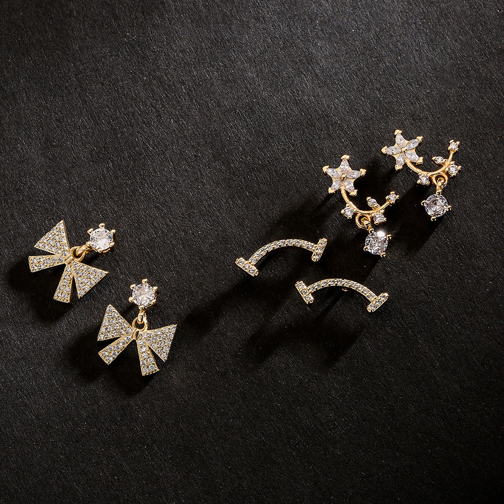Orecchini a perno da donna a fiocco floreale creativi in rame con placcatura in oro 18K e intarsio in zircone