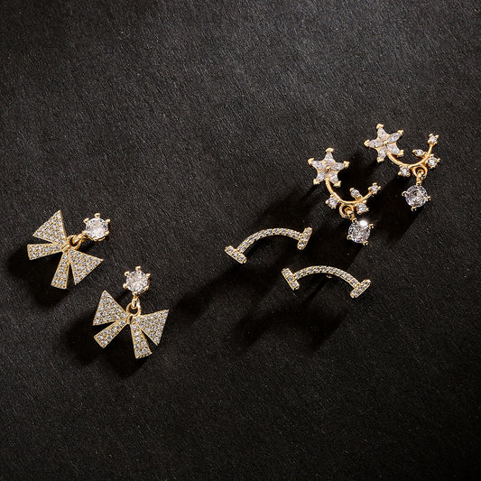 Orecchini a perno da donna a fiocco floreale creativi in rame con placcatura in oro 18K e intarsio in zircone