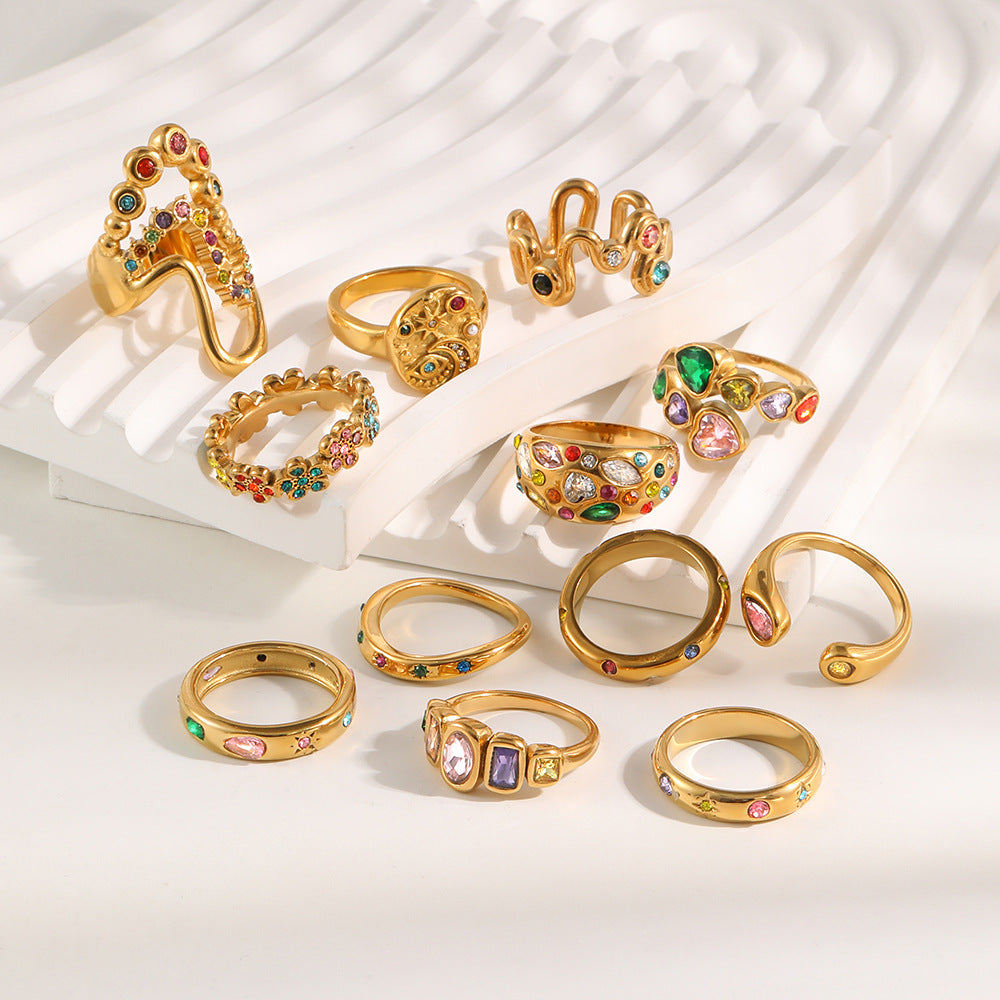Anello in acciaio inossidabile placcato oro con strass floreali a goccia, geometrico, lussuoso ed elegante