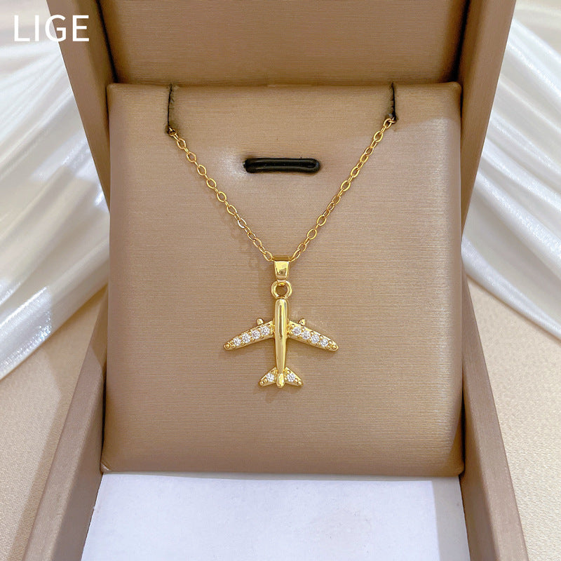 Cartoon Style Airplane-Shaped Stainless Steel Necklace with Rhinestone Inlay for Women and Men, Minimalist Geometric Pendant on Titanium Steel Chain