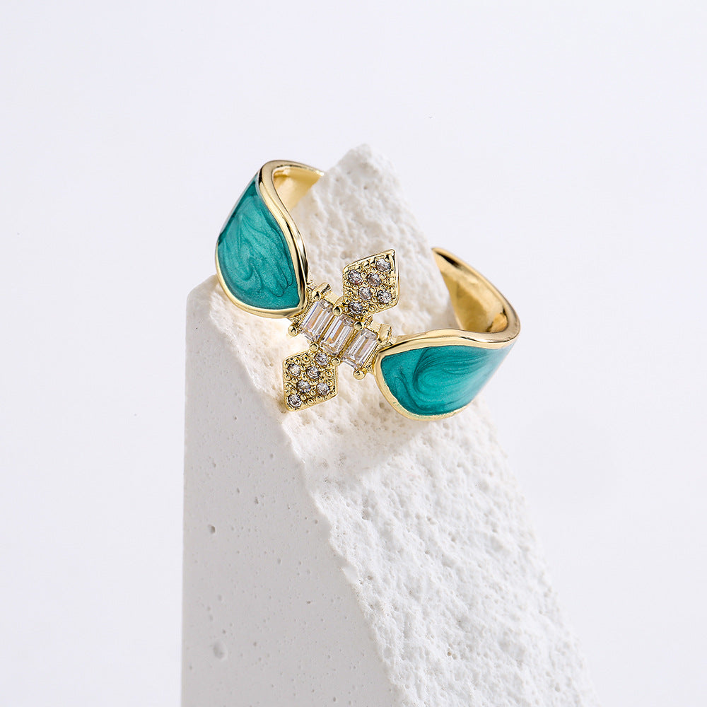 INS Style Geometric Open Ring for Women Made of Copper with 18K Gold Plating Micro-Pave Zirconia and Enamel Finish