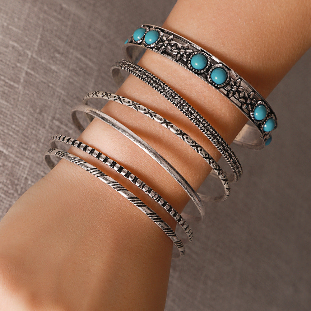 Vintage Bohemian Round Geometric Plated Iron Cuff Bracelet with Synthetic Turquoise