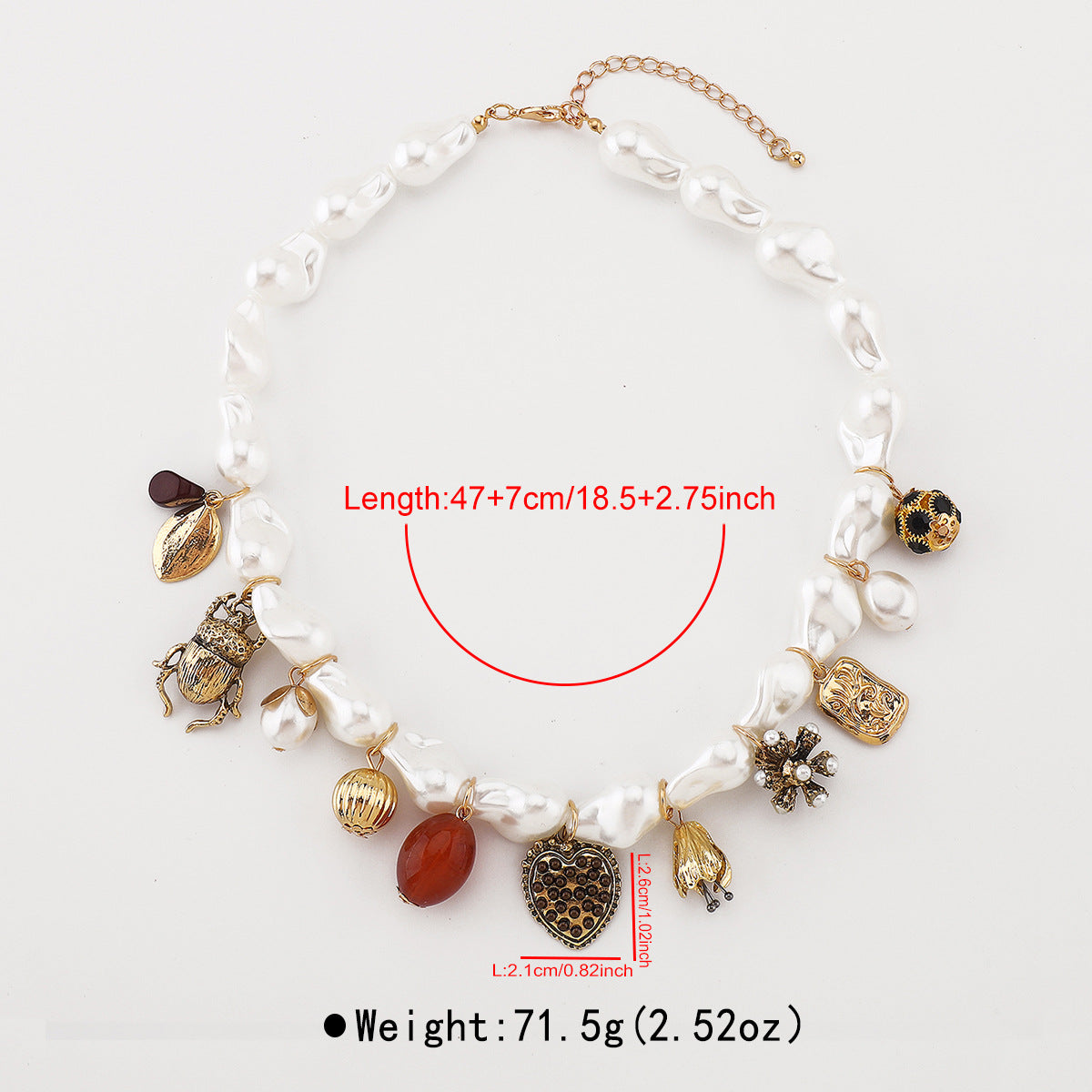 Collar de múltiples colgantes barrocos vintage con dijes de corazón e insectos, cadena de cuentas de perlas de imitación en aleación con acabado galvanizado