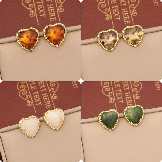 Caramel-toned Heart-shaped Stainless Steel Stud Earrings with Plated Finish