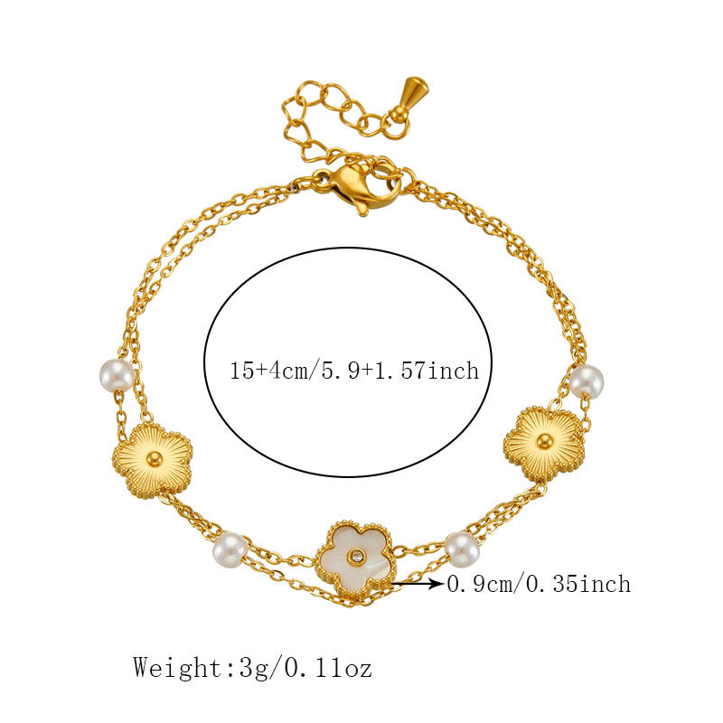 Vintage Business Casual Plated Stainless Steel Box Chain Bracelet with Square and Flower Accents