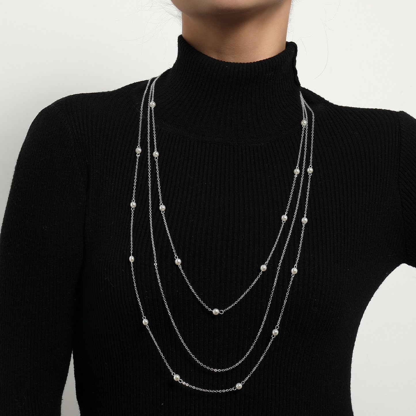 Long Elegant Layered Pearl-Style Necklace for Women Geometric Pendant Necklace