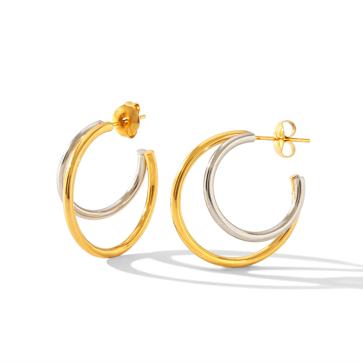 Minimalist Geometric Titanium Steel Double-Layer Linear Earrings for Women with Plated Finish